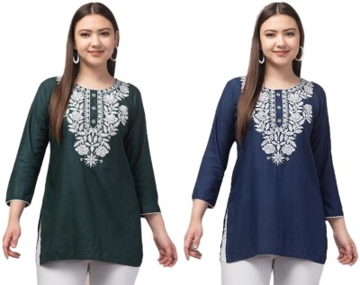 Aura Glam Women Chikan Embroidery A-line Kurta(Dark Green, Dark Blue)