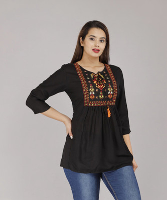 TakTke Casual Embroidered Women Black Top
