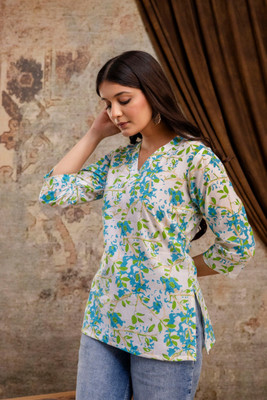 VASANT APPAREL Women Printed Flared Kurta(Light Blue)