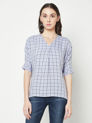 CRIMSOUNE CLUB Casual Checkered Women Black, Light Blue Top