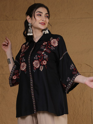 KIMAYRA Casual Floral Print Women Black Top