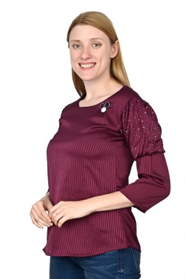 EURECA WITH DEVICE Casual Striped Women Maroon Top