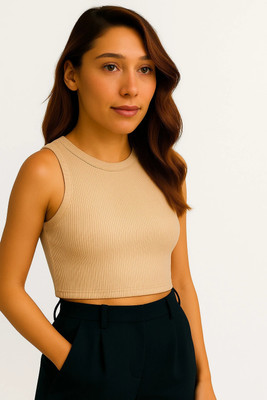 EXILION Casual Solid Women Beige Top