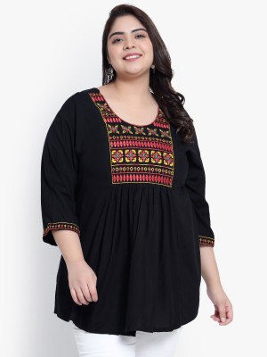 Indietoga Plus Size Casual Embroidered Women Black Top