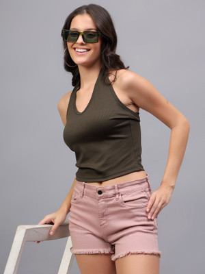 DIAZ Casual Solid Women Dark Green Top