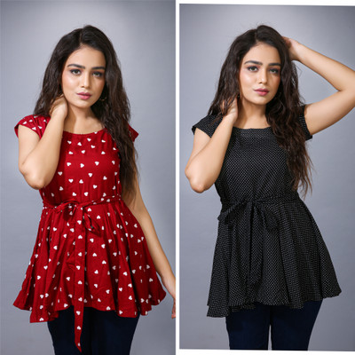 KESHARI FASHION Casual Printed Women Maroon, Black Top
