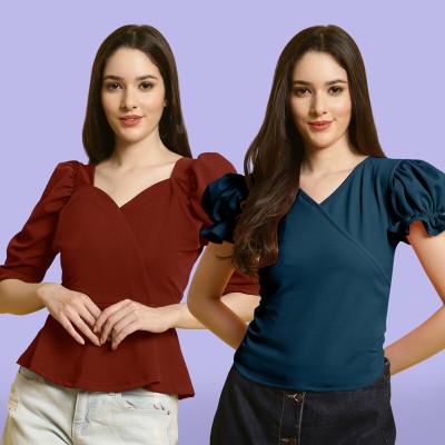 Fabflee Casual Solid Women Dark Blue, Maroon Top