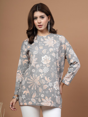 Mafadeny Casual Printed Women Grey Top