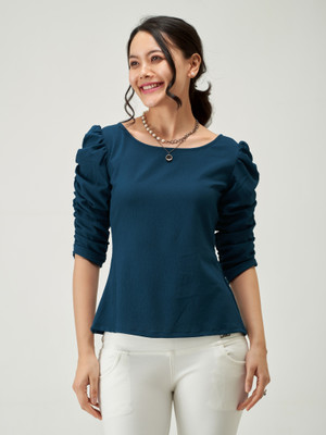 AASK Casual Solid Women Blue Top