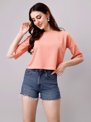 DL Fashion Casual Solid, Self Design Women Orange Top