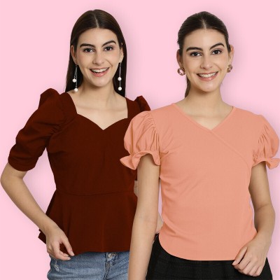 Tromko Casual Solid Women Maroon, Pink Top