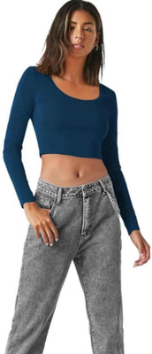 THE BLAZZE Casual Solid Women Dark Blue Top