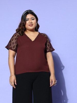 CURVE BY KASSUALLY Casual Self Design Women Maroon Top