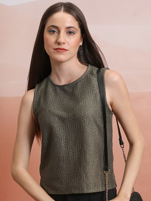 Tokyo Talkies Casual Solid Women Dark Green Top