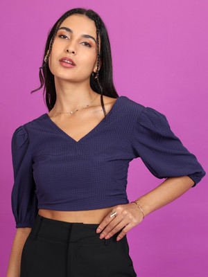 Tokyo Talkies Casual Solid Women Dark Blue Top