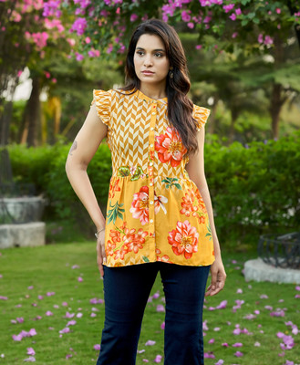 MOJILAA Casual Floral Print Women Yellow Top