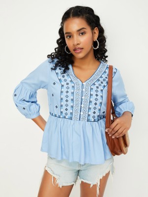 MAX Casual Embroidered Women Blue Top