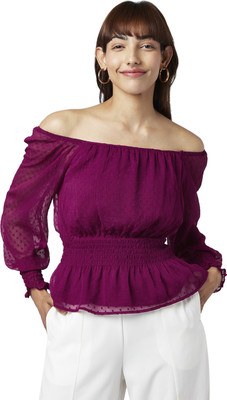Honey By Pantaloons Casual Self Design Women Purple Top