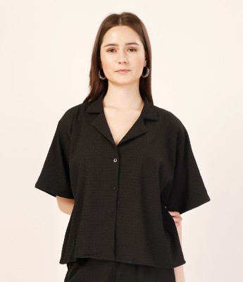 FashFun Women Self Design Casual Black Shirt