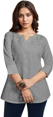 ITS YOU CREATION Casual Embroidered, Floral Print Women Grey Top