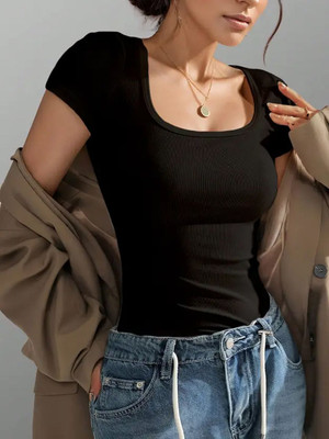 PRIME LOVE Casual Solid Women Black Top