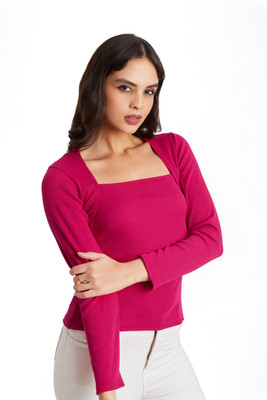 Berry Bird Casual Solid, Self Design Women Pink Top