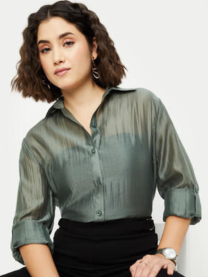 MAX Women Solid Casual Green Shirt