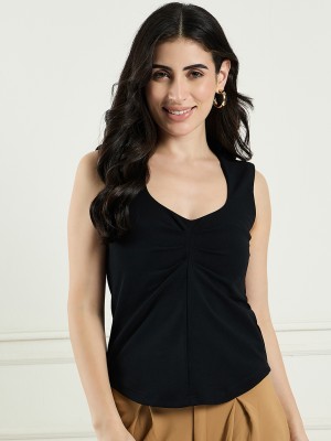 DRAPE AND DAZZLE Casual Solid Women Black Top