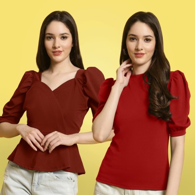 METRONAUT Casual Solid Women Brown, Maroon Top