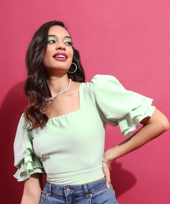 Tokyo Talkies Casual Solid Women Green Top