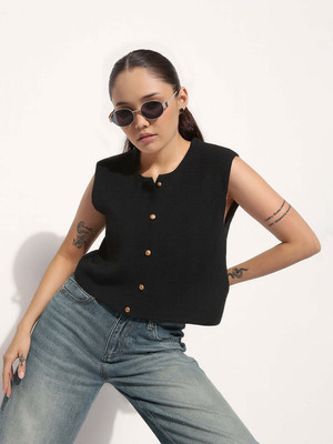 SHOWOFFFF Casual Self Design Women Black Top
