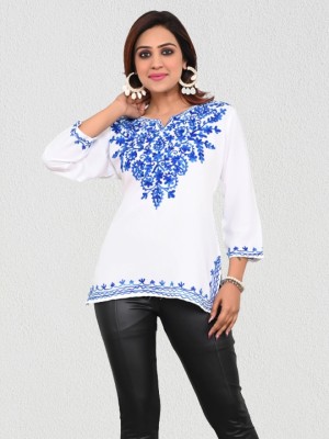 NAIDA Casual Embroidered Women White, Blue Top