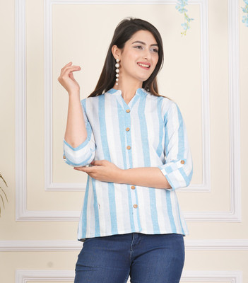 amaya creative center Casual Striped Women Light Blue, White Top