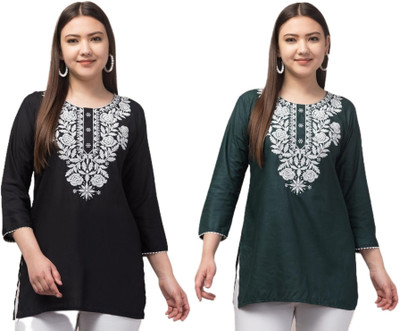 Aura Glam Women Chikan Embroidery A-line Kurta(Black, Dark Green)