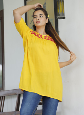 Goyal Fashion Casual Embroidered Women Yellow Top