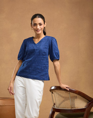 Fabindia Party Self Design Women Blue Top
