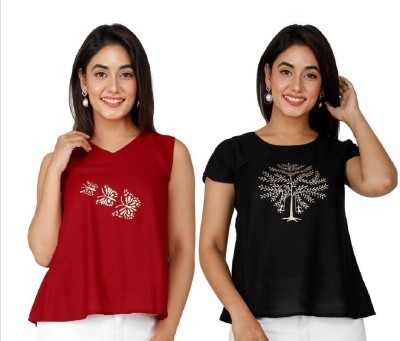 veera creation Casual Self Design Women Maroon Top