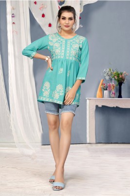 Winza Designer Casual Embroidered Women Light Blue, White Top