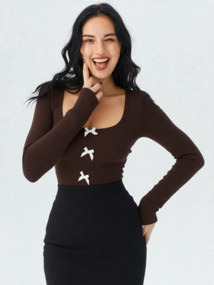 PRARU FASHION Casual Solid, Embellished Women Brown Top
