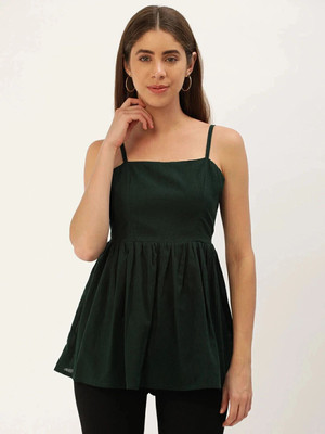 VYMO Casual Solid Women Dark Green Top