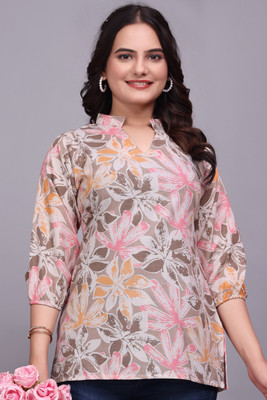 ZELZIS Casual Floral Print Women Brown Top