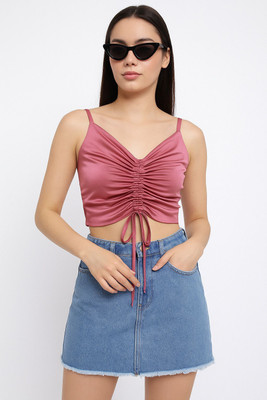 SLENOR Casual Solid Women Pink Top