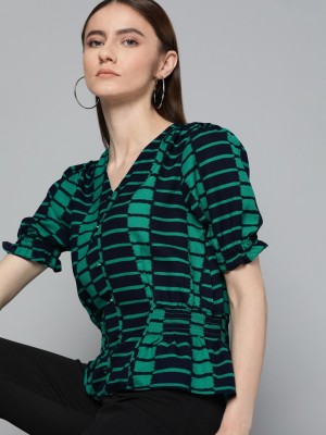 CHEMISTRY Casual Striped Women Green, Black Top