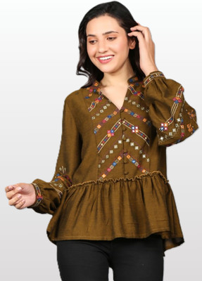 STIL O STITCH Party Embroidered Women Brown Top