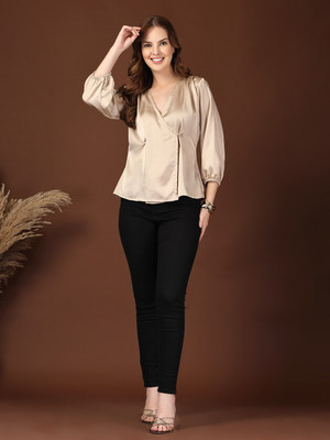 KATLINE Casual Self Design Women Beige Top