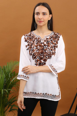FIRSTSAARI Casual Embroidered Women White, Brown Top