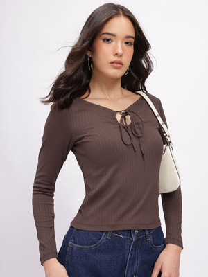 Glitchez Casual Solid Women Brown Top