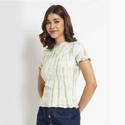 DoubleZero Fashions Pvt Ltd Casual Striped Women Light Green, White Top