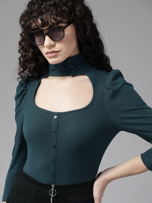 Roadster Casual Solid Women Dark Green Top