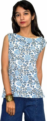 JAIPUR HAND BLOCK Casual Printed Women Light Blue, White, Grey Top